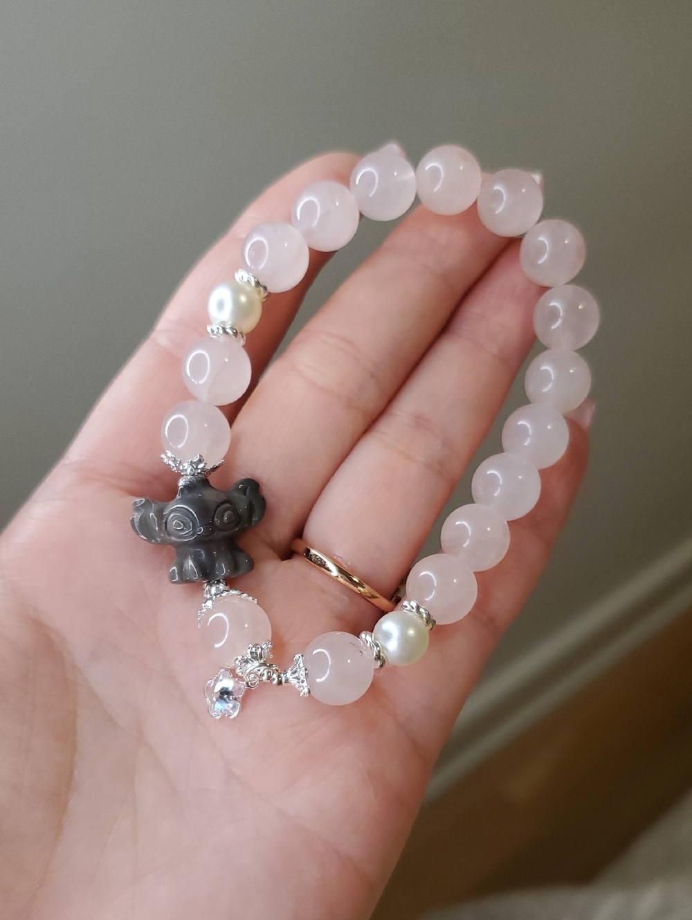 Stitch Rose Quartz Bead Bracelet with Pearl and Charcoal Charm